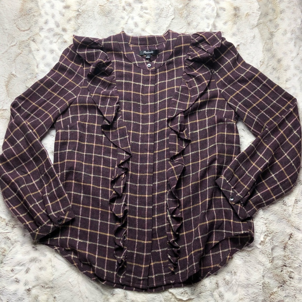 Madewell Purple Plaid Ruffle Front Top Size Medium - Picture 2 of 6